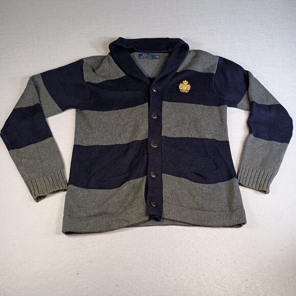 Polo Ralph Lauren Men's M Rugby Striped Shawl Collar Crest Cardigan Sweater - Picture 1 of 8